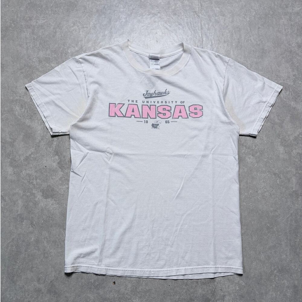 2000s Vintage Kansas Jayhawks Pink Letters White T-Shirt -M